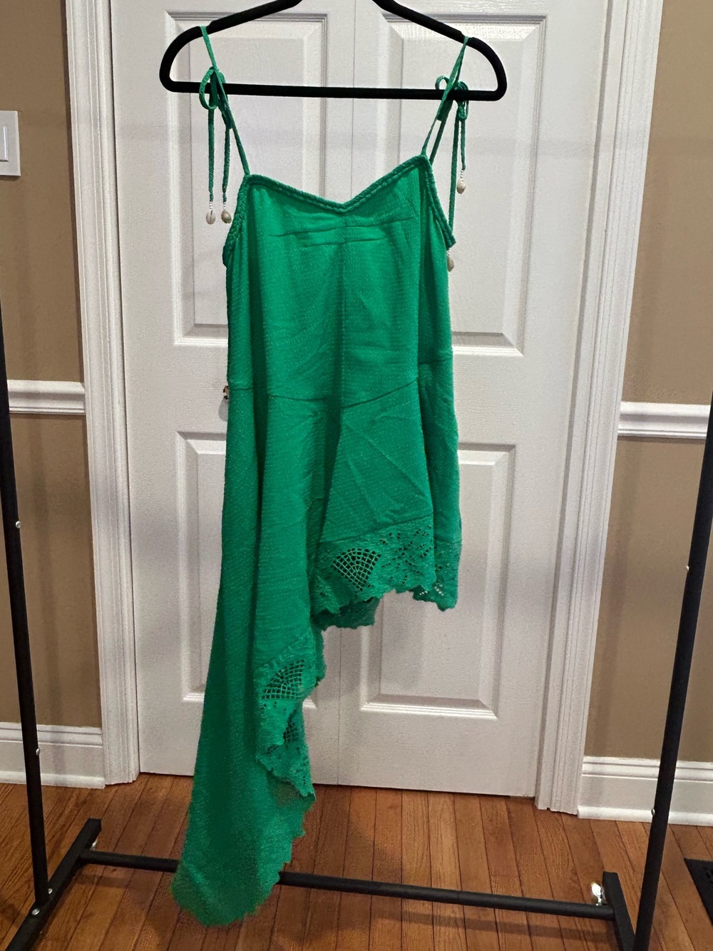 Free People Green Asymmetrical Crochet Hem Shell Romper